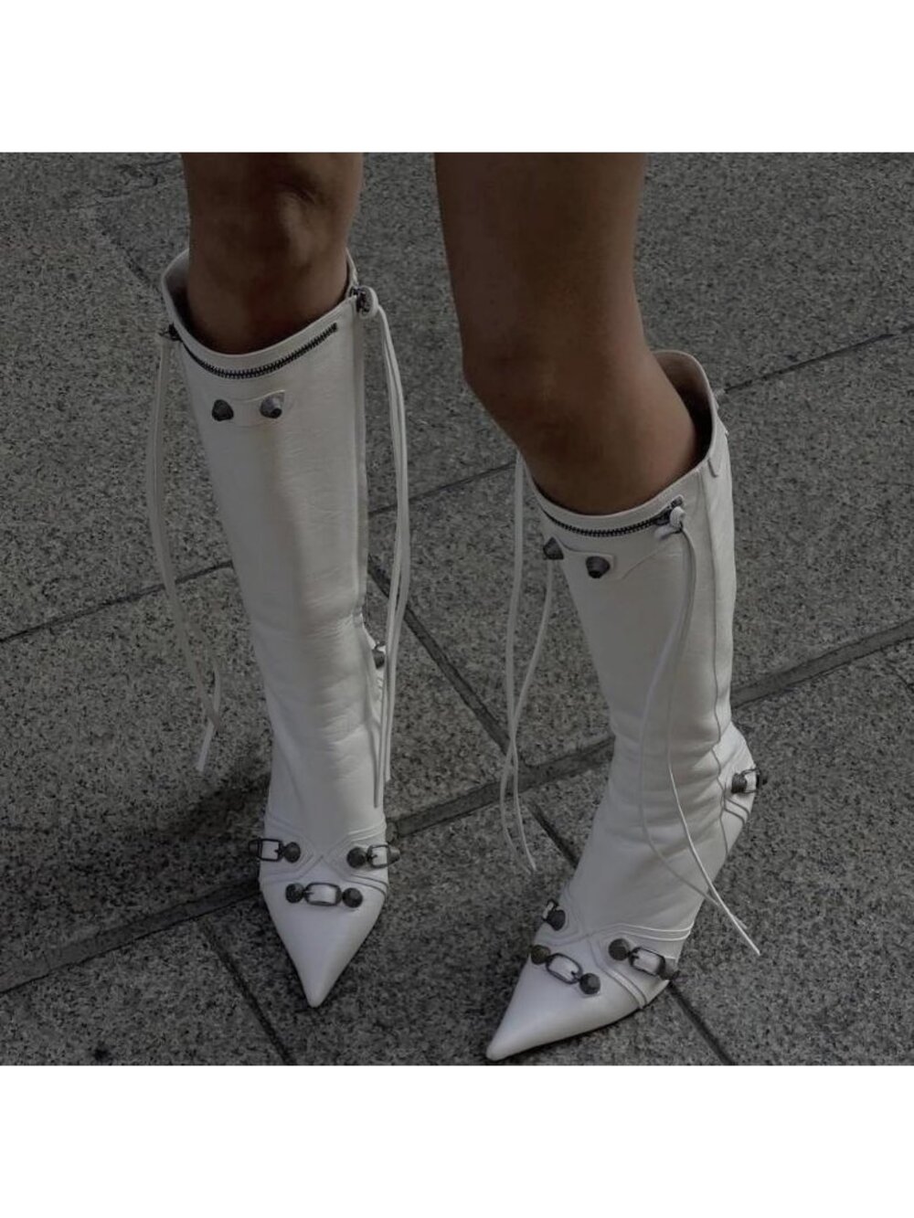 Women's White Stiletto Knee High Boots Pointed Toe Boot High Heel Boots Zipper - Picture 3 of 6